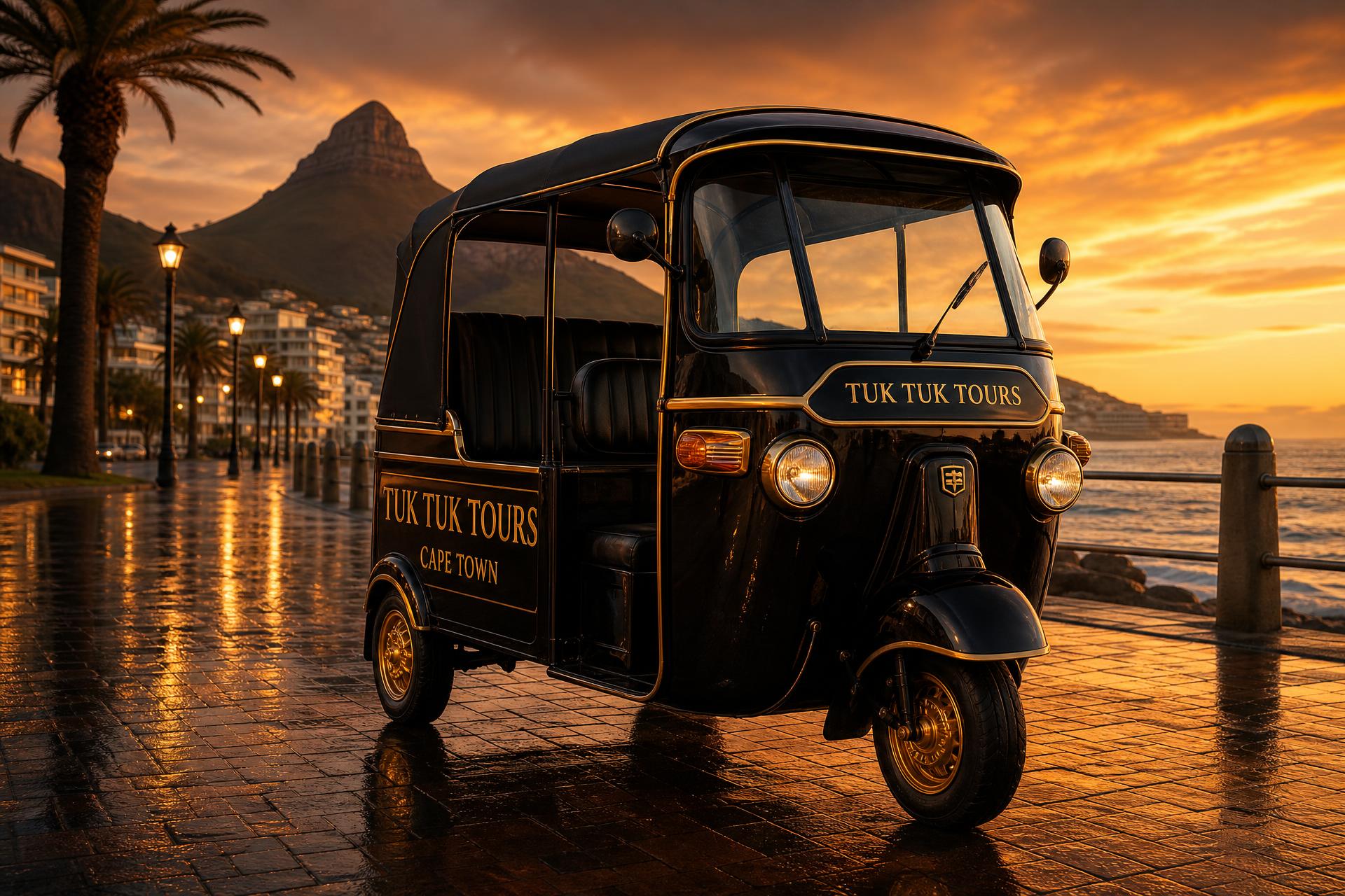 Tuk Tuk Tours — Cape Town's preferred tuk-tuk experience: black and gold tuk-tuk on the Sea Point promenade at dusk with Lion's Head behind
